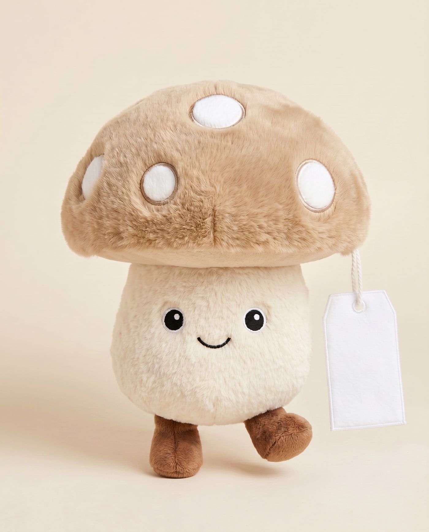 Mouch the Mushroom TagTales plush standing on a cream background, with the blank white fleece personalisation tag hanging from a cord