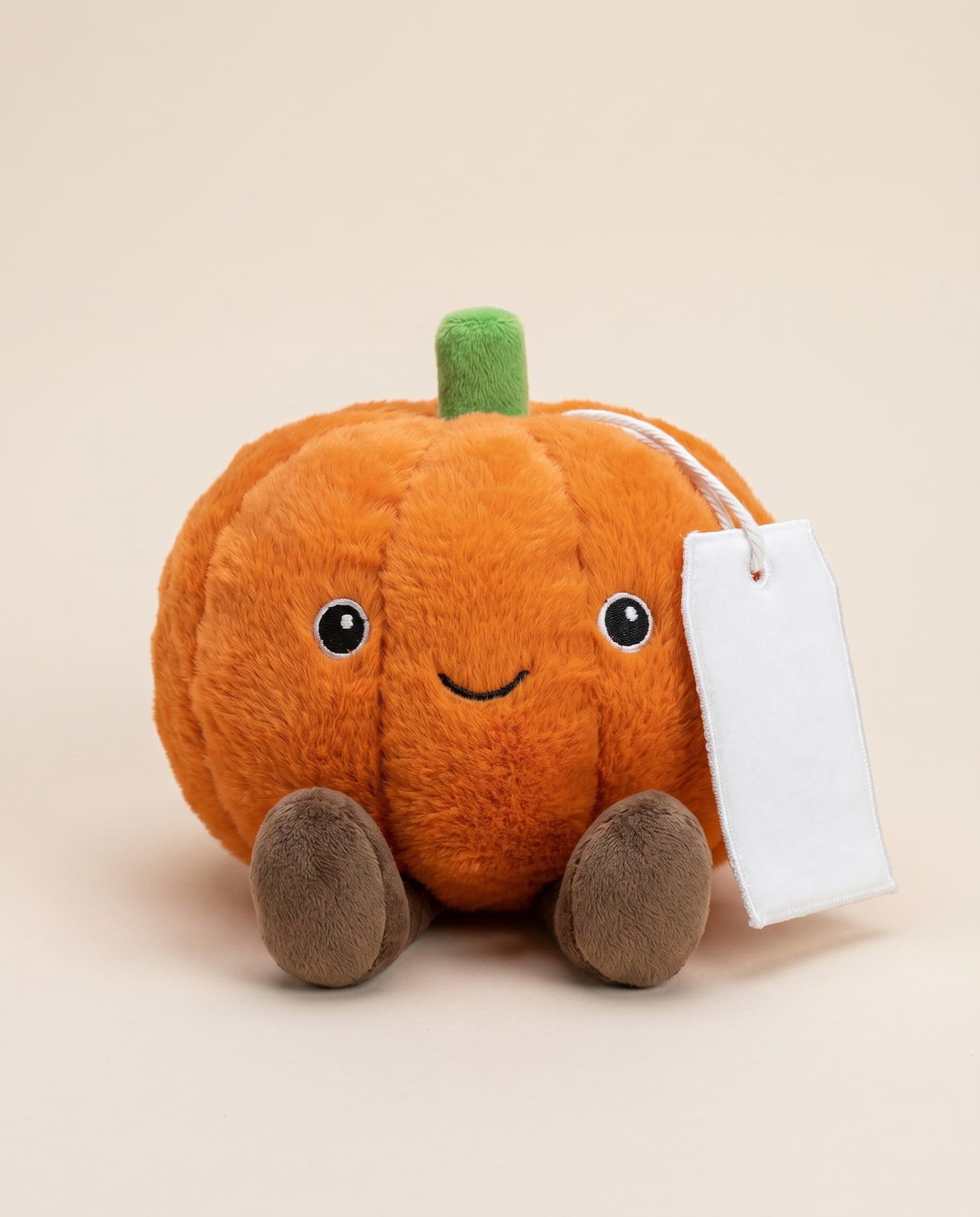 Patch the Pumpkin TagTales plush sitting down, showing the blank white fleece personalisation tag