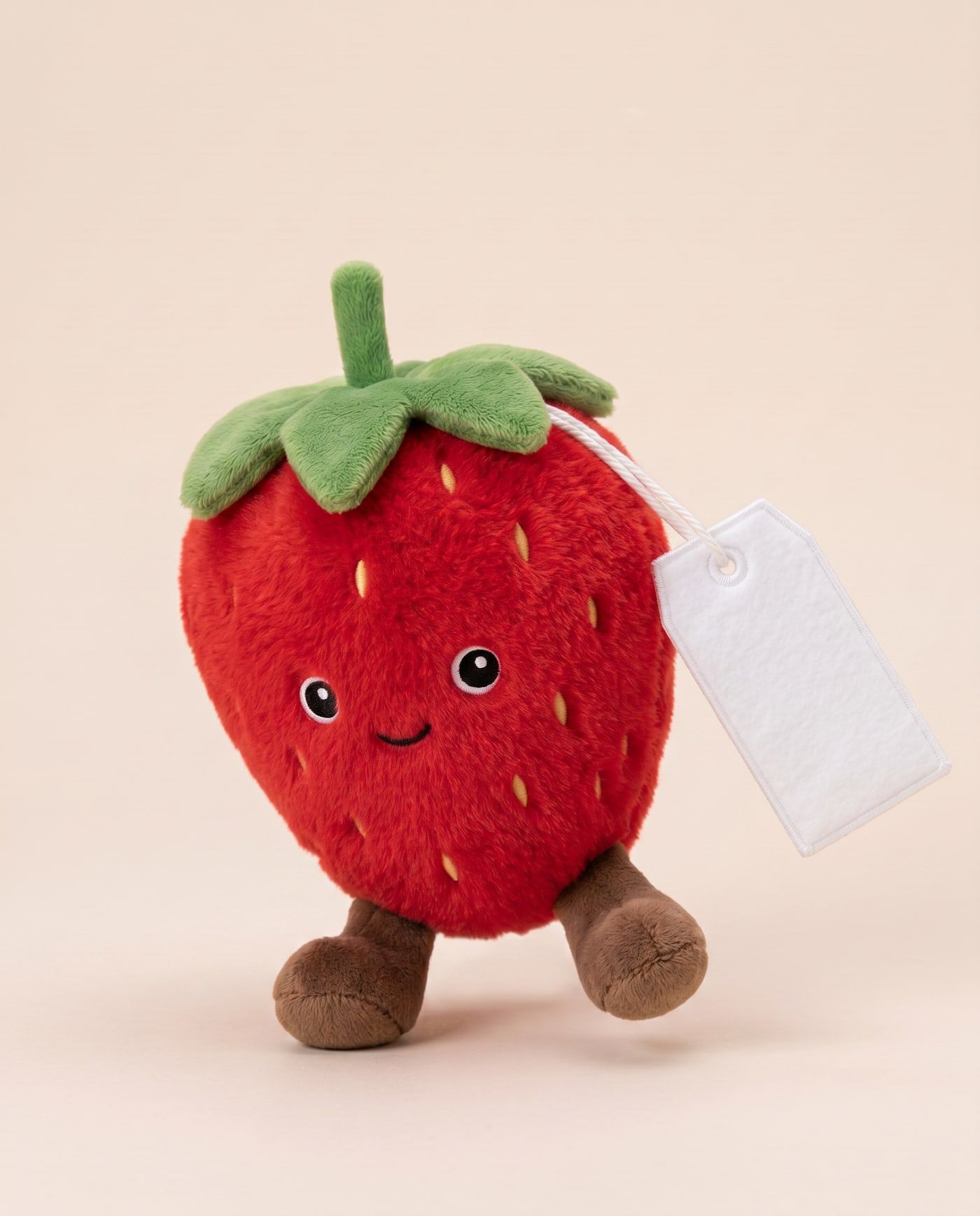 Stevie the Strawberry TagTales plush standing on a cream background, with the blank white fleece personalisation tag hanging from a cord